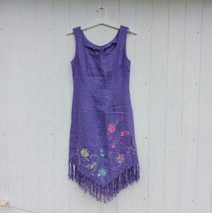 Muse Purple Fringe Embroidered 100% Linen Dress Womens Sz 4 Knee Length